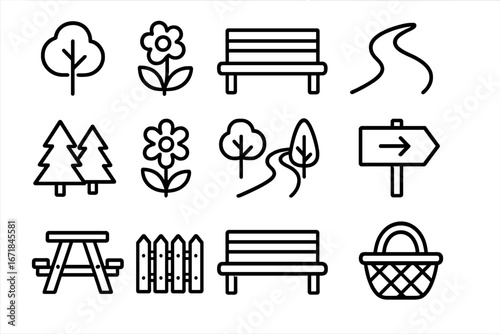 Nature and park line icon set with trees, flowers, benches, winding paths, picnic table, fence, and direction signs, vector cartoon illustration on transparent background, ordered set 2