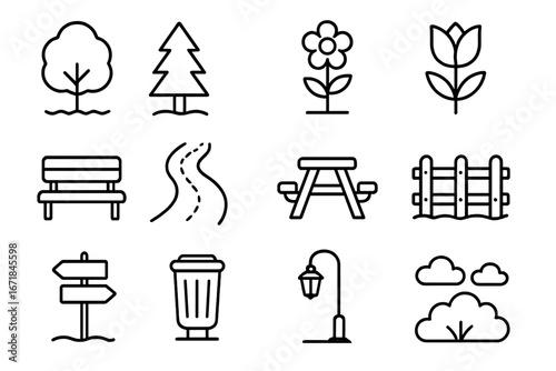 Nature and park line icon set with trees, flowers, benches, winding paths, picnic table, fence, directional signs, trash bin, street lamp, and clouds, vector cartoon illustration