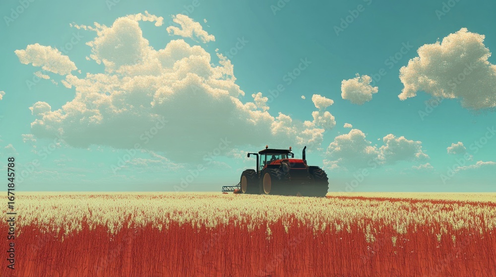 Naklejka premium Tractor harvesting ripe wheat field under a sunny sky.