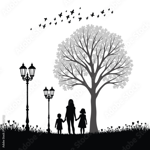 Mother and children holding hands under a tree with birds flying