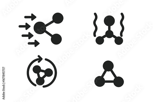 Molecular motion icons solid filled vector set of 4 kinetic energy vibration rotation symbols abstract molecules vector chemistry science illustration