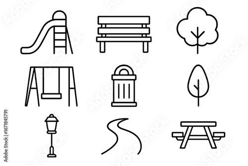 Park and Recreation Icon Set with Playground Equipment, Benches, Trees, Trash Bin, Lamp Post, Pathway and Picnic Table, Vector Cartoon Illustration, Transparent Background, Ordered Collection