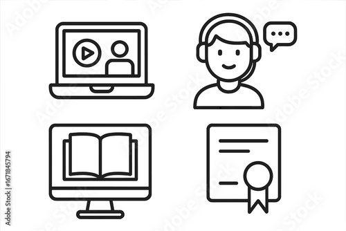 Online Education Icons Set with Video Course, Learning, Support, and Certification Symbols in Line Style, Vector Cartoon Illustration with Transparent Background, E-Learning Concept
