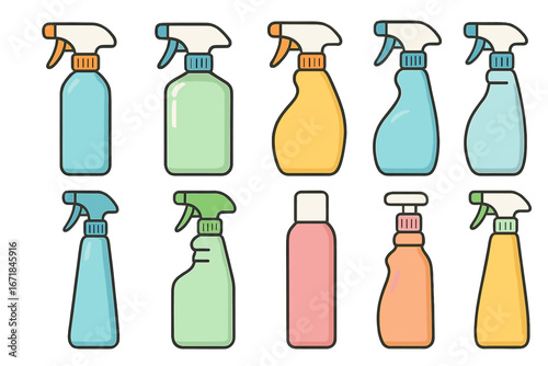 Set of colorful spray bottles for cleaning and personal care. Vector illustration collection of plastic containers and dispensers for household products. Flat cartoon design icons.