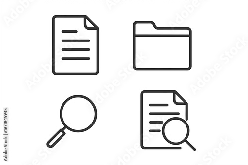Search and file linear icon set, document and folder icons with magnifying glass, outline vector illustration, business and office concepts, organized file and document management symbols