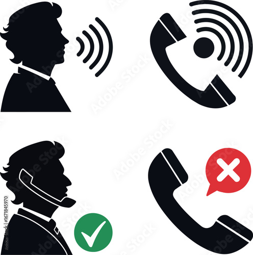 Four icons depicting communication speaking person handset ringing and call rejection with checkmark and x symbol vector
