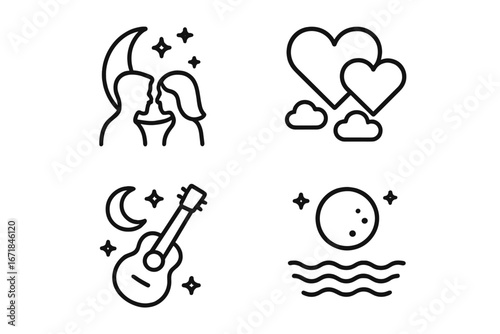 Moonlit Romance Icons Set of 4, Outline Vector of Romantic Couple Silhouette Under Moon, Heart-Shaped Clouds, Serenade Guitar with Stars and Night Scene, Love and Evening Emotions
