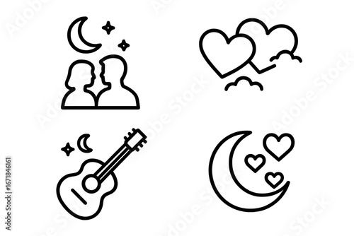 Moonlit Romance Icon Set, Outline Style, Romantic Evening Couple Silhouette, Heart-shaped Clouds, Serenade Guitar, Night Love Symbols, Vector Transparent Design