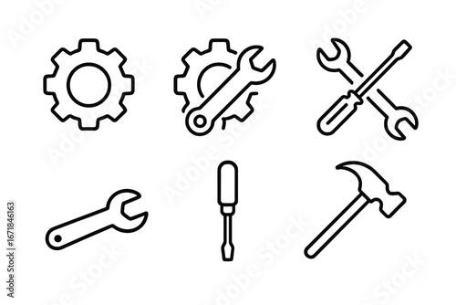Settings and tools outline icon set, including gear, wrench, screwdriver, hammer, maintenance and repair vector cartoon illustrations, transparent background, ordered set