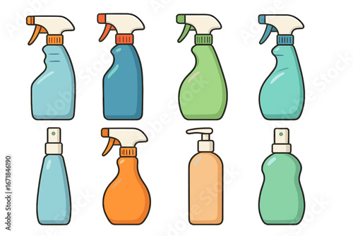 Spray bottle vector set. Cleaning product container collection. Plastic dispenser, pump bottle, and sprayer illustration. Household chemical, hygiene, and cosmetic packaging icon.