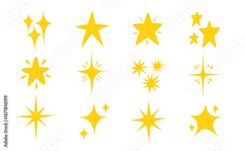 Crayon Star and Moon Doodle Set in Hand-Drawn Style. Includes Spark Yellow Stars