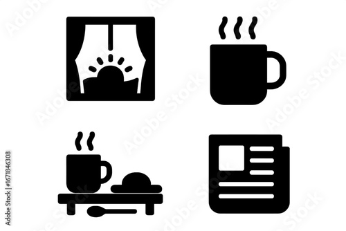 Morning tea icons vector set, solid filled design featuring serene sunrise window, steaming coffee mug, breakfast tray with croissant and spoon, and newspaper for calm mornings