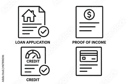 Mortgage Documents Icons Outline Set of 4, Loan Application Form, Proof of Income, Credit Report, Financial Verification, Banking Paperwork Vector Illustration
