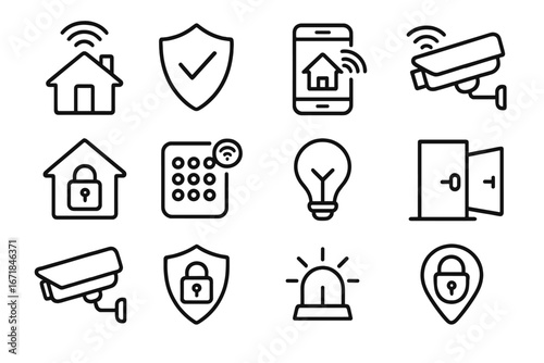 Smart home security icon set with technology automation, wireless connectivity, surveillance cameras, smart locks, keypad, light bulb, alarm siren, and smart door control vector line symbols