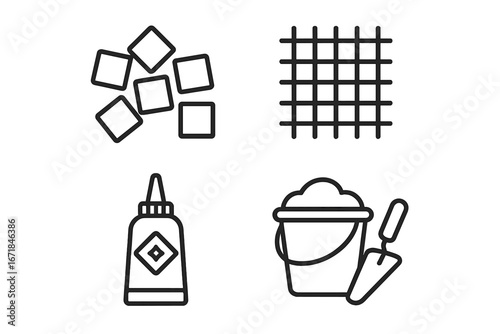 Mosaic Art Materials Icons Set, Outline Vector Illustration of Tesserae Tiles, Mesh Backing, Adhesive Glue, Grout Bucket and Tool for Mosaic Craft and Design
