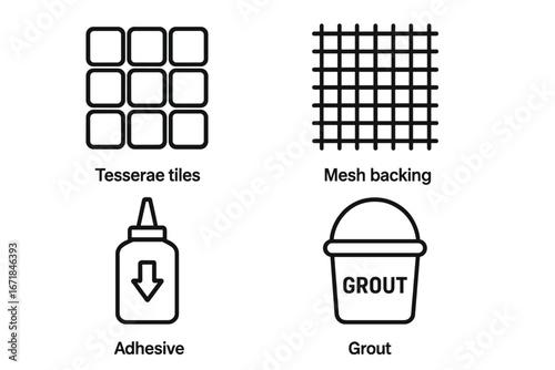 Mosaic Art Materials Icons Set, Outline Vector Illustration of Tesserae Tiles, Mesh Backing, Adhesive Bottle, Grout Bucket for Craft Supplies and DIY Projects