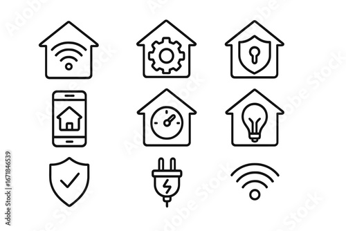 Smart Home Outline Icon Set with Automation, Security, Energy, Connectivity, and Control Symbols, Vector Cartoon Illustration with Transparent Background, Ordered Set of Home Tech Icons