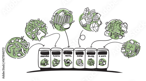 Waste sorting. Sorted waste in waste bins for subsequent recycling of recyclable materials.  Hand-drawn conceptual business infographics illustrations. Cartoon style in vector.