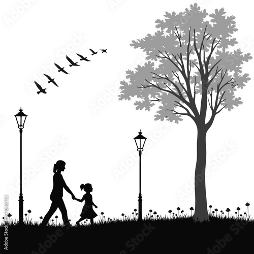 Mother and daughter walking in park with birds flying overhead