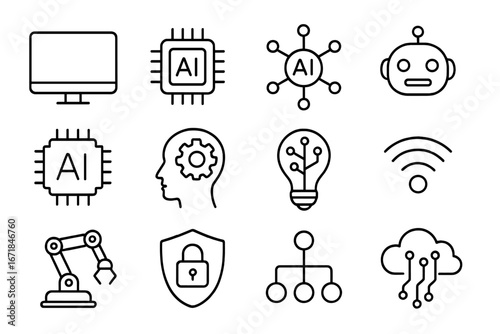 Technology and AI Line Icon Set, Innovation and Artificial Intelligence Symbols, Robot, Circuit, Cloud Computing, Security, Automation, Wireless Network, Smart Technology Vector Illustration