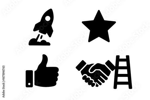 Motivational Icon Set - Solid Filled Vector Icons of Success and Achievement with Rocket Launch, Star, Thumbs Up, Handshake, and Ladder Symbols for Inspiration and Growth