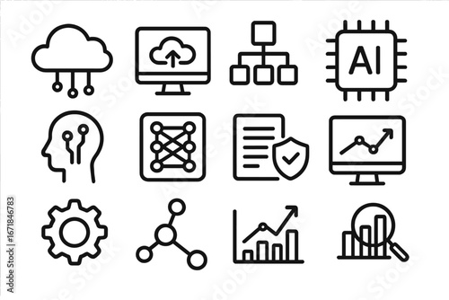 Technology AI and Data Line Icon Set, Cloud Computing and Analytics Vector Collection, Digital Network, Machine Learning, Data Security, Business Growth, Technology Innovation Symbols