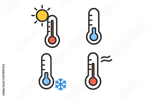 Thermometer weather icon collection with temperature indicators, sun, snowflake, hot and cold symbols, weather forecast temperature gauge, cartoon style vector illustration