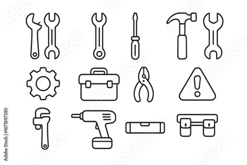 Tools repair line icon set, equipment and maintenance icons, linear collection of vector cartoon illustrations with transparent background, ordered set 1