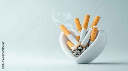 Heart-Shaped Ashtray Filled with Cigarettes and Smoke in a Soft Setting