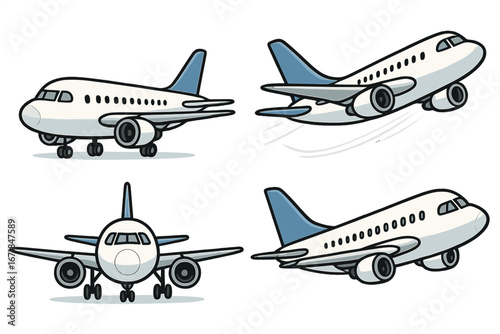 Multiple views of a commercial airplane showing design features, flight potential, and angles. Vector cartoon illustration with transparent background, ordered set, aviation concept.