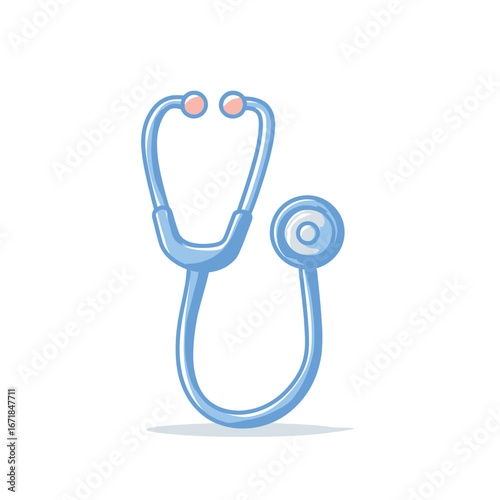 Illustration of a light blue stethoscope with pink ear tips on a white background for medical use