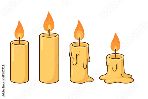 Progression of burning candles showing different stages of flame, wax melting, and candle height in a calm setting, vector cartoon illustration with transparent background