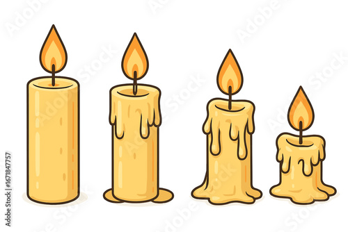 Progression of burning candles showing different stages of melting wax and flame in a calm setting, vector cartoon illustration with transparent background, candlelight, fire