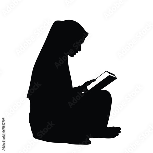Silhouette of a girl wearing hijab reading a book vector