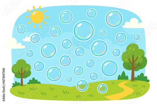 Vector cartoon soap bubbles floating on a sunny summer day. Playful outdoor landscape with sun, clouds, trees and grass. Cheerful childhood fun background for kids party.
