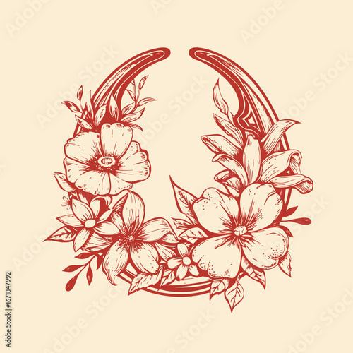 Floral lucky horseshoe retro sketch