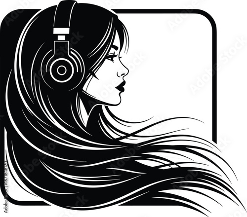 vector, illustration, woman, headphones, profile, view, hair, flowing, silhouette, black, white, isolated, graphic, design, artistic, female, listening, style, musical, elegant,