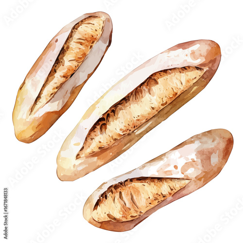 A high-quality watercolor illustration of baguette bread, and fine brush details, painting set in watercolor style, plant set, EPS format, hand-drawn and isolated on a white background, bread set
