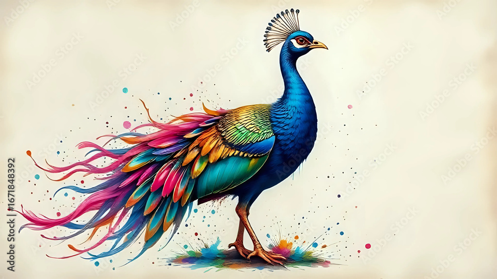 Fototapeta premium Peacock with feathers water colour 