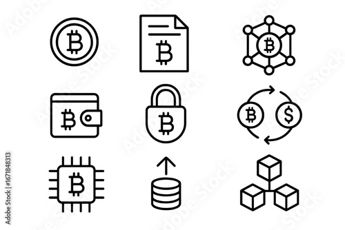 Cryptocurrency and blockchain line icon set. Bitcoin, crypto wallet, exchange, and security symbols. Fintech and defi concept. Digital money, financial technology vector.