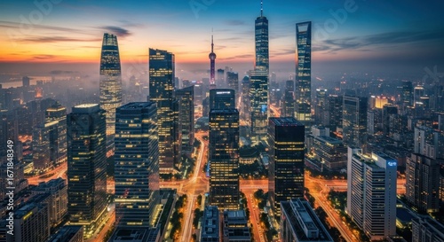 Wallpaper Mural Modern Cityscape at Dusk with Illuminated Skyscrapers and Vibrant Sky. Torontodigital.ca