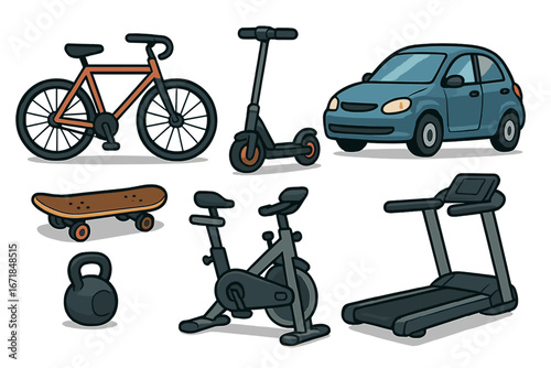 Various modes of transportation and exercise equipment collection in modern vector cartoon style for fitness, lifestyle, and urban mobility concepts