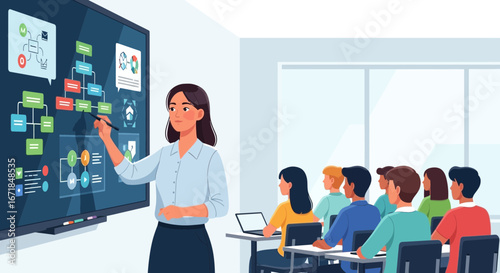 Illustration of a female presenter explaining a graphical chart to an audience