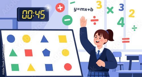 Enthusiastic pupil raising hand during interactive math learning game at school