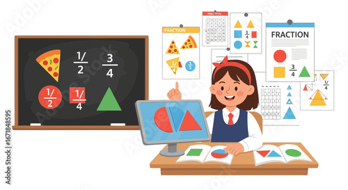 Enthusiastic young student learning fractions with shapes and illustrative examples