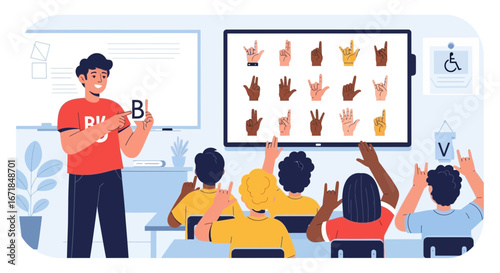 Inclusive Classroom: A Teacher Instructing Students in Sign Language Gestures