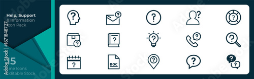 Help, Support and FAQ Line Icons Vector Set – Question Mark, Customer Service, Contact, Troubleshooting, Question Mark, FAQ, Contact, Phone, Email, Chat, Document, Calendar, Information