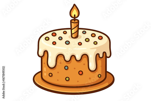 Cartoon birthday cake vector icon for celebration. Cute party dessert with one candle and white icing glaze. Sweet food illustration with colorful sprinkles. Simple pastry graphic.