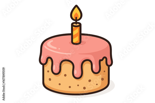 Birthday cake with one candle cartoon vector icon. Sweet dessert with pink frosting for celebration or party. Isolated sweet pastry graphic. Happy birthday symbol for anniversary.