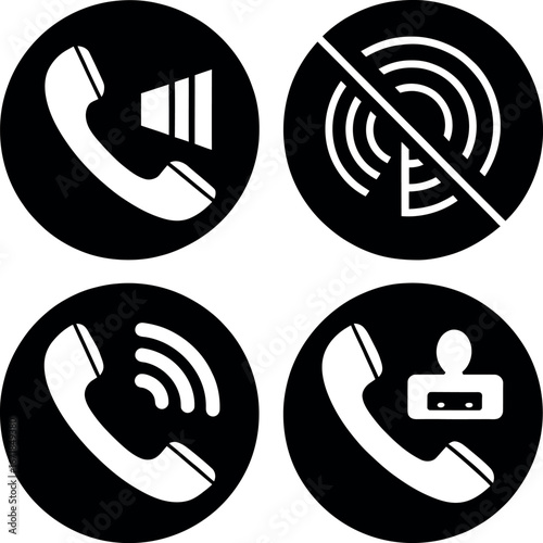 Set of four telephone icons representing call volume signal interference and caller identification features vector